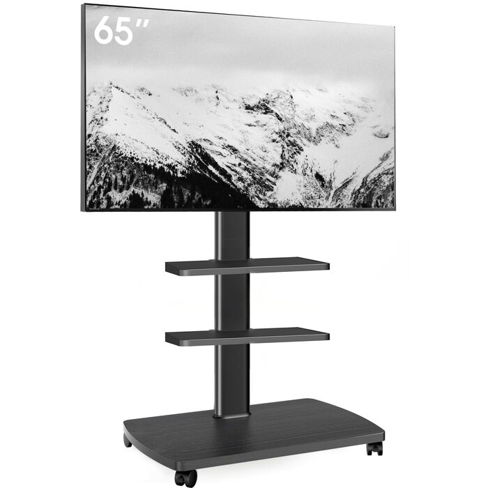 Підставка для телевізора мобільна з поличками Holz, 32-65 дюйми, чорна, VESA 400x400, до 40 кг