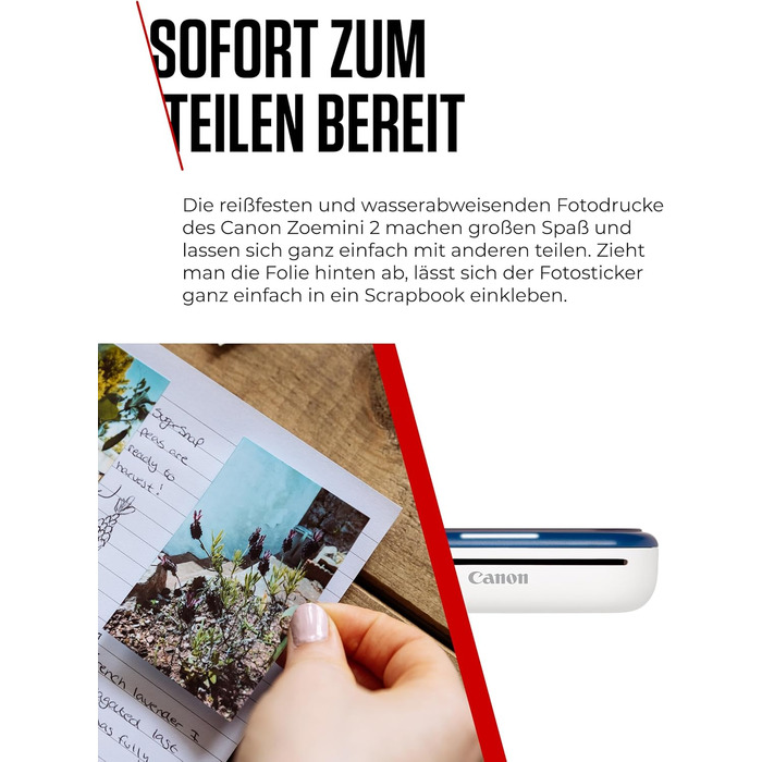 Canon Zoemini 2 Marineblau: Міні-принтер для фотографій, мобільний, компактний, з вбудованим акумулятором. Друкує фото 5x7,6 см зі смартфону/планшету. У комплекті: 20 шт. Zink паперу та 10 шт. круглих наліпок.
