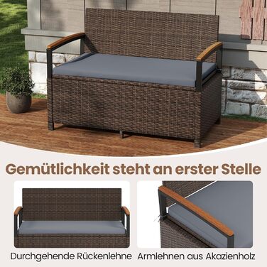 Лавка садова Costway з ротангу Polyrattan, з ящиком для зберігання, 2-місна, сіра (120x61x84 см) для балкона, тераси, саду з подушками