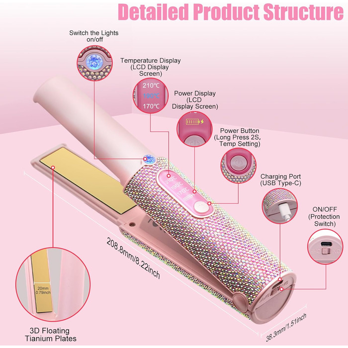 Бездротовий випрямляч для волосся Mini Glätteisen Titan з акумулятором 5000mAh, рожевий: 2-в-1 для випрямлення та завивки, портативний міні-випрямляч для подорожей з швидким нагрівом до 210°C