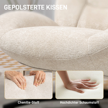 Обертовий м'який стілець, акцентний стілець з наповнювачем з ПП-бавовни, тканинне покриття, сталеве підстав'я, кремово-білий