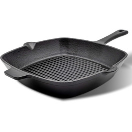 Сковорода-гриль HENSSELERS® з чавуну [26 см] для всіх типів плит та духовок, включаючи газові та індукційні плити. Антипригарна сковорода для стейків. Чотирикутна чавунна сковорода для гриля