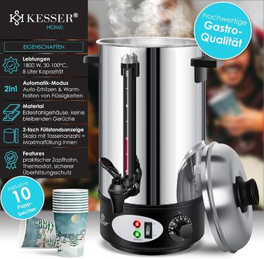 Глювайновий котел KESSER® 8L з нержавіючої сталі: котел для глінтвейну з термостатом, 10 склянок, дисплей рівня, кран, сріблястий