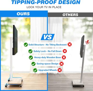 Підставка для телевізора на колесах з полицею, телевізійна тумба, мобільна підставка для телевізора 27-55 дюймів, до 40 кг, VESA 400x400 мм (Бежева)