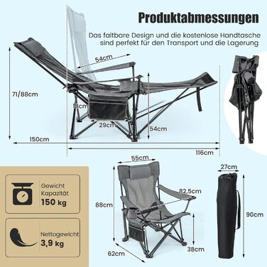 Крісло для кемпінгу COSTWAY зі знімною підставкою для ніг, складне рибальське крісло з регульованою спинкою, підголівник, підстаканник і бічна сумка, складаний стілець, складаний стілець для кемпінгу, риболовля сіра