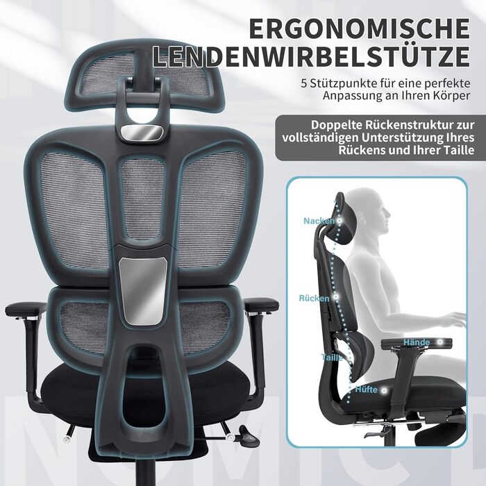 Ергономічне крісло для офісу з підніжкою, висока спинка, 2D підголівник, відкидні підлокітники, сидіння з губки, сітчастий офісний крісло, крісло для начальника, комп'ютерне крісло для дорослих, чорне