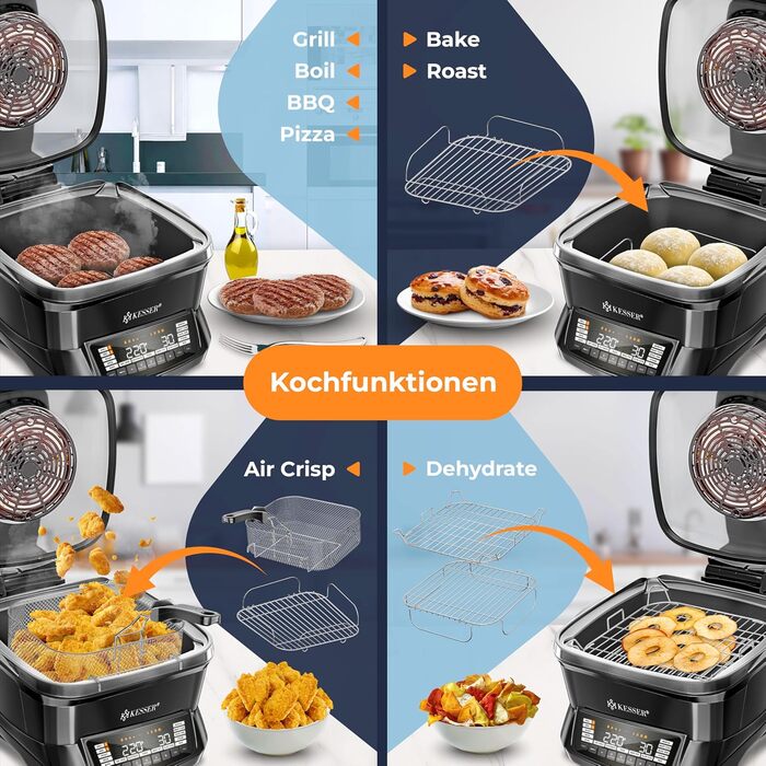 Мультиварка KESSER® 8л з фритюрницею, 16 програм, чорна. Гриль, випічка, тушкування, приготування на пару, функція підігріву та повільного приготування, приготування рису та йогурту.