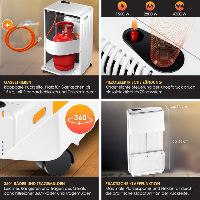 Газовий обігрівач KESSER 4200W з керамічним нагрівачем, регулятором, шлангом та захисним кожухом. Підходить для бутану/пропану до 15кг. Чорний