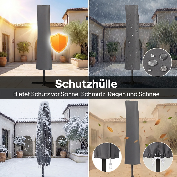 Великий парасоль для саду, діаметром приблизно 300 см, з регульованим нахилом, з ручним механізмом відкривання, хрестоподібним основанням, відтяжками від вітру та захисним чохлом, темно-сірого кольору.