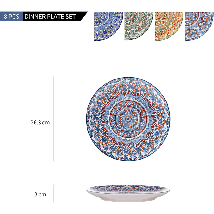 Порцеляновий набір обідніх тарілок Ø 26,3 см, богемний стиль, 8 шт.