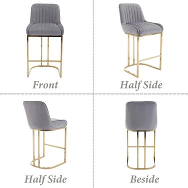 Набір з 2 барних стільців з велюру з золотистими металевими ніжками, з підлокітниками, для кухонного острова/домашнього бару, сірий
