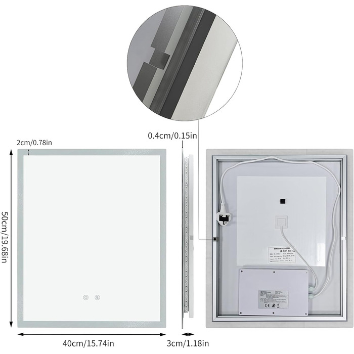 Дзеркало для ванної кімнати LUVODI з підсвічуванням 40x50 см: регульоване LED дзеркало з 3 кольорами світла, сенсорне управління, запобігає запотіванню, водонепроникне, настінне дзеркало для ванної кімнати, горизонтальне/вертикальне кріплення 50 см x 40 см