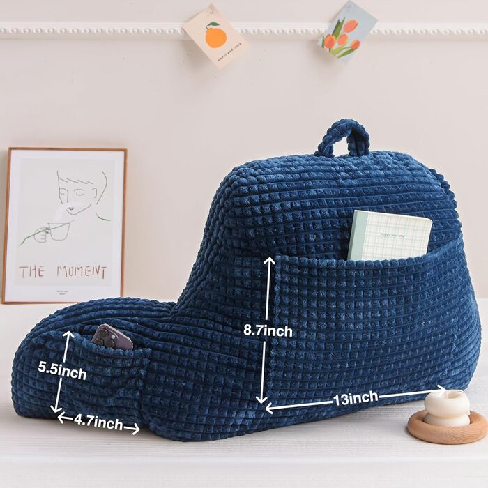 Лежанка для читання Nice Night, подушка-валик, велика, для дорослих та дітей, спинка з підлокітниками, підтримка спини для відпочинку та сну в ліжку/на дивані, вафельний візерунок, стереоскопічний дизайн (Темно-синій, Large)