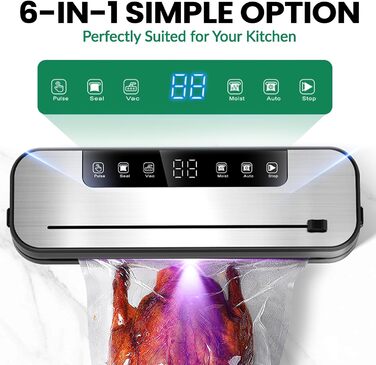 Вакууматор для продуктів 6-в-1, професійний автоматичний вакуумний пакувальник з різаком, цифровим таймером та набором з 50 пакетів і шланга, 75КПа