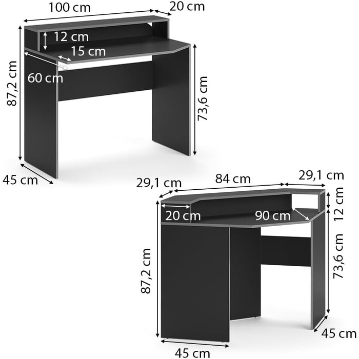 Ігровий стіл Vicco Kron, /чорний, кутова форма 190 x 90 см (сірий, комплект 3)