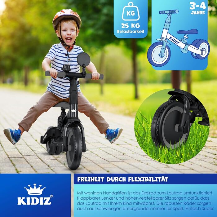 Біговел-триколіс KIDIZ 6-в-1 для дітей 1-5 років до 25 кг, з ручкою, захисним бампером, ременем безпеки, дзвінком та дзеркалом (Антрацит)