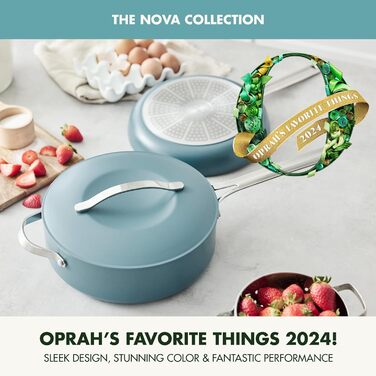 Набір кухонного посуду GreenPan Nova 10 предметів: каструлі та сковорідки, антипригарне покриття без PFAS, для смаження, тушкування, супів, з кришками та інструментами, блакитний (3-Piece Cookware Set)