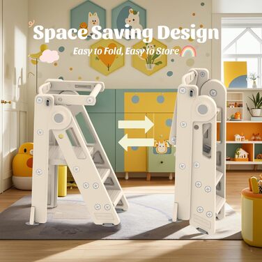 Стілець-сходинка для дітей Hoopyosms: регульована висота, складний, Montessori, для кухні, ванної кімнати та дитячої кімнати, від 1 року (Classic, Бежевий)