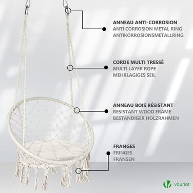 Підвісне крісло-гойдалка VOUNOT з полицею для книг та подушкою, для дому та саду, діаметр сидіння 80 см, X-Large, Бежевий
