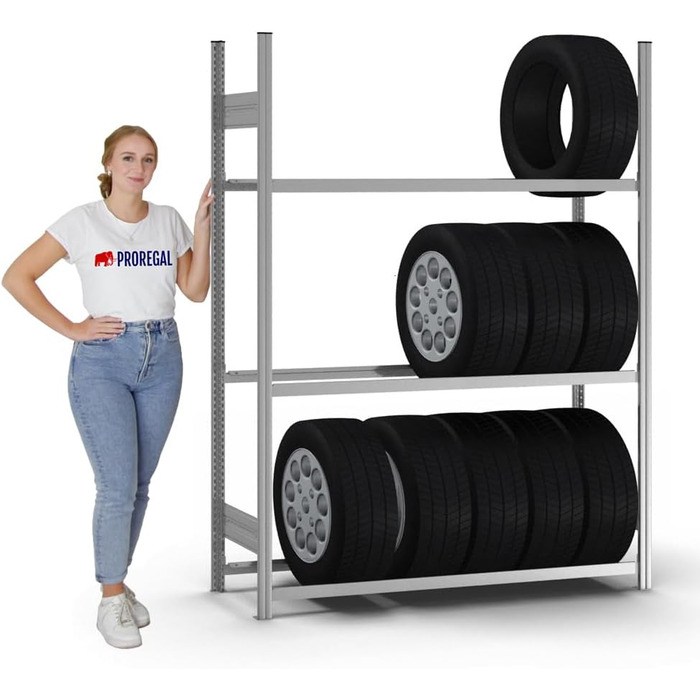 Регало для шин PROREGAL: міцна металева полиця для гаража, 200x100x40 см, 3 рівня, вантажопідйомність 150 кг, оцинкована