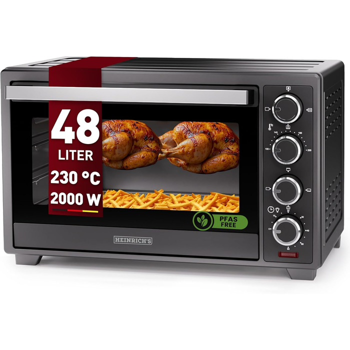Багатофункціональна міні-піч Heinrich's 48L з конвекцією, таймером, підсвічуванням, 100-230°C, сенсорне керування, з аксесуарами, чорна, 2000W