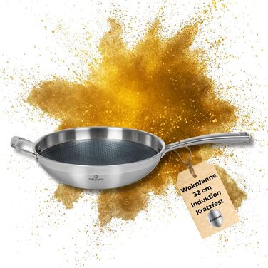 Wok Chef Cuisine 32 см з нержавіючої сталі з антипригарним покриттям Honeycomb – вок з міцною, стійкою до подряпин структурою, що нагадує стільники, та стійкістю до нагрівання до 260°C – без PFOA, з ергономічною ручкою