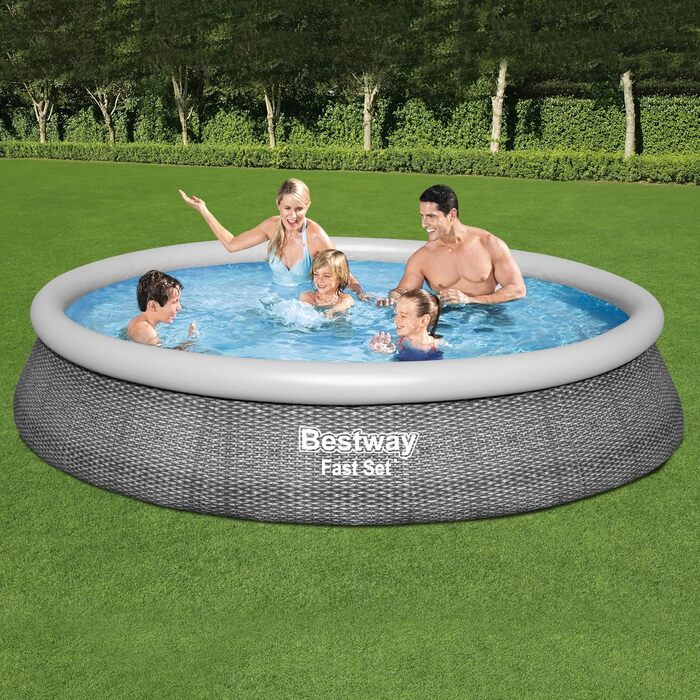 Надувний басейн Bestway Fast Set 396x84 см, круглий, сірий ратан, з фільтр-насосом