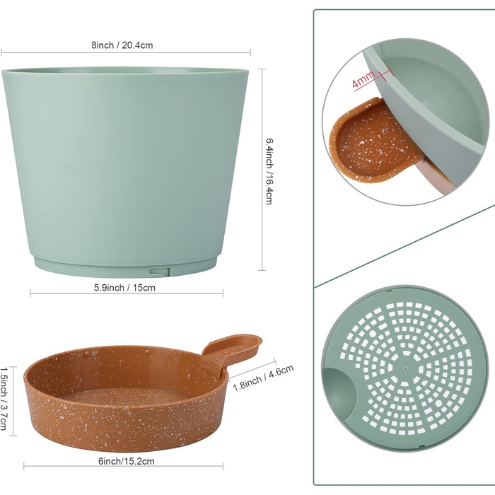 Набір горщиків для квітів 2 шт. 25.4 см, пластикові горщики з системою поливу, сучасний дизайн для дому, балкону, саду, сукулентів, кактусів (зелений) (зелений, коричневий, 20.3 см)