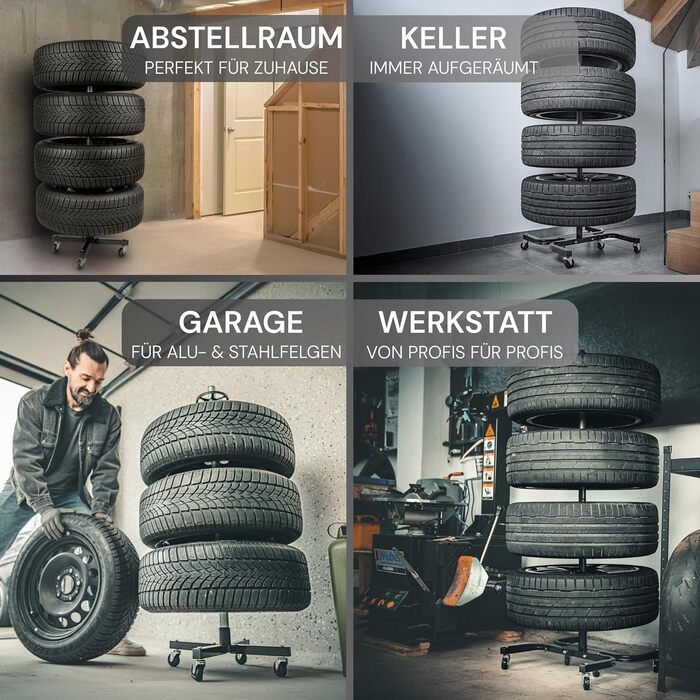 Преміум-підставка для шин на колесах (295 мм, 150 кг) - 4 шини. Чорна, мобільна, для зберігання шин