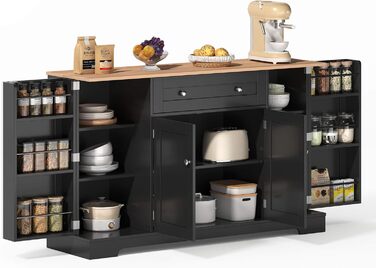 Багатофункціональний буфет для кухні – комод 138 см з ящиком, полицями з дверцятами та регульованими полицями – з кріпленням від перекидання, для кухні, вітальні та спальні, чорний