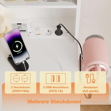 Дзеркальний туалетний столик Airfish з LED-підсвічуванням, 7 ящиків, 4 полиці, розетка, регульована яскравість, для спальні (білий)