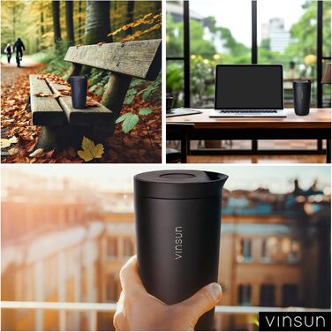 Термокружка VINSUN 350 мл, не протікає, з нержавіючої сталі, для гарячих та холодних напоїв, з Quick Press кришкою, для авто, університету (Чорний)