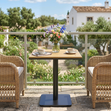 Садовий столик 70x70 см, стійкий до погодних умов, з імітацією дерева, широка основа, квадратний, з натурального дерева