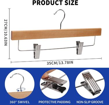 Дерев'яні вішалки для штанів LANSHINE, 20 шт. з антиковзними зажимами, 360° обертання, для штанів, спідниць та піджаків