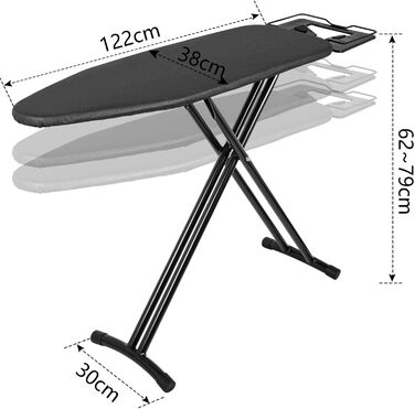 Прасувальна дошка IBVIVIC Comfortboard, 122x38 см, регульована, складна, для парових станцій, чорна