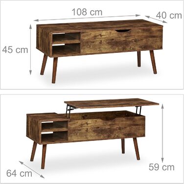 Журнальний столик Relaxdays з підйомною стільницею та двома відкидними полицями, коричневий, 45x108x40 см, індустріальний стиль