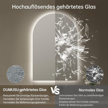 Дзеркало для ванної кімнати OUMUSU з підсвічуванням, 50x75 см, без рами, арочне, антизапотівальне, сенсорне керування, диммування, 3 кольори світла
