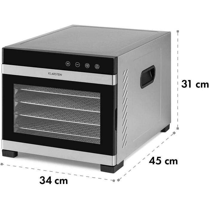 Електричний дегідратор Klarstein Flavour Dry з нержавіючою сталлю, 6 решіток, LCD-дисплеєм, таймером та 360° циркуляцією повітря