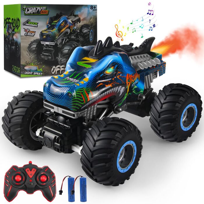 Радіокерований позашляховик Динозавр 1:16 RC Monster Truck з розпилювачем, музикою, LED-підсвіткою, 2.4GHz, 20км/год для дітей від 3 років