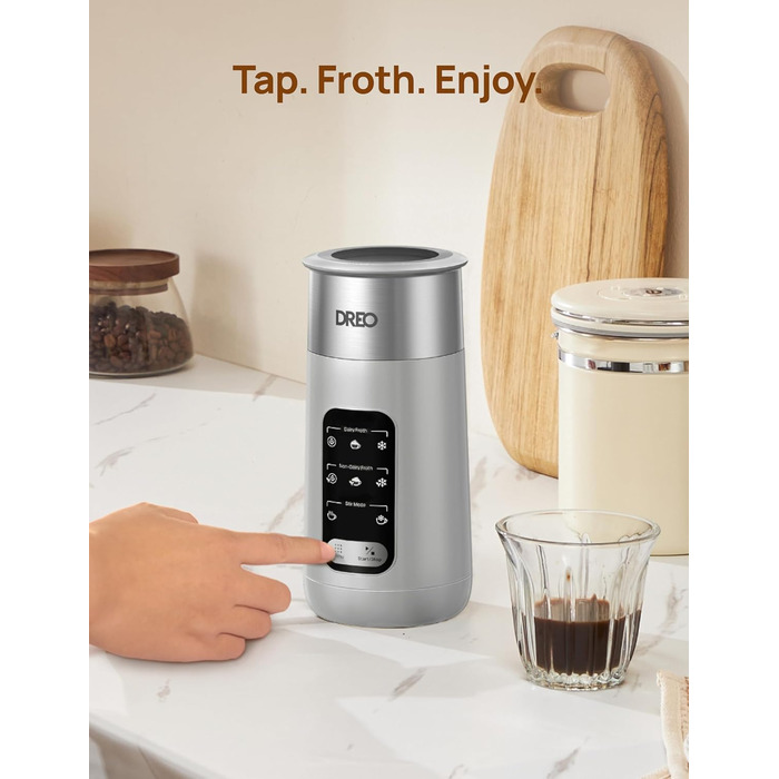 Електричний спінювач молока Dreo 8-в-1 для лате-арт, 270 мл, з підігрівом, LED, сріблястий