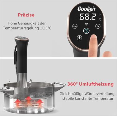 Cooksir Су-від Гастрономічний пристрій, 1400W, 35см, з нержавіючої сталі, Wi-Fi, сенсорне керування, LED, комплект вакуумних пакетів та насос, кулінарна книга