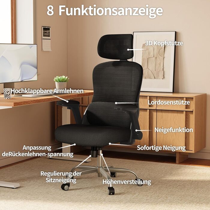 Офісне крісло TRALT Ergonomiczne: регульована підголовник, поперекова підтримка, для великих людей, сітка, 150 кг, чорний