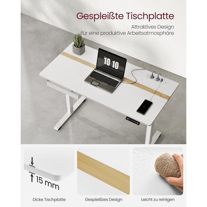 Електричний регульований стіл VASAGLE 120x60 см, білий + горіховий, з пам'яттю висоти, з розетками та ящиком