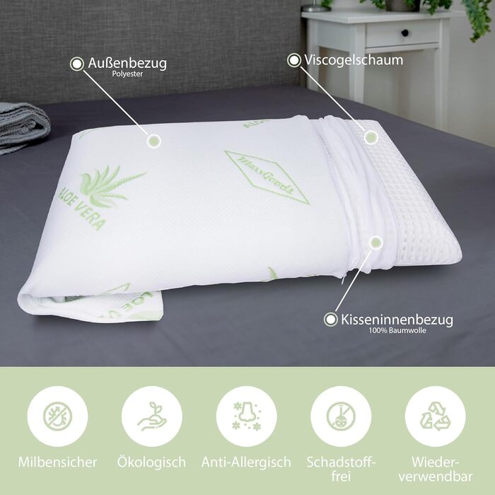Ортопедична подушка MaxxGoods з віскоеластичної піни (Memory Foam) з захисним чохлом з бавовни та Aloe Vera - для сну на спині, боці та животі (42x70x12 см)