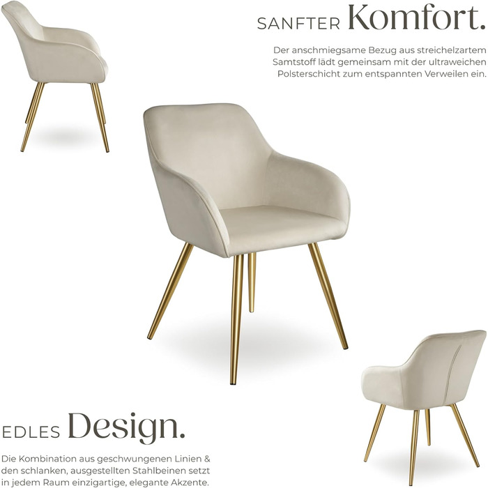 Крісло tectake® Esszimmerstuhl: зручне крісло з підлокітниками, м'яке крісло з оксамитової тканини, крісло для вітальні, їдальні, сучасні кухонні стільці, офісне крісло, кремово-золотий колір, 1 шт.