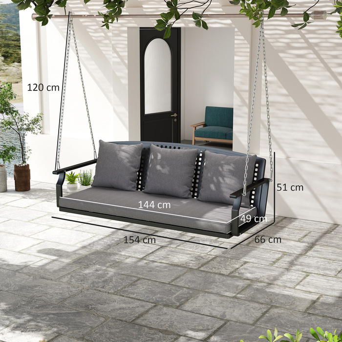Гойдалка для веранди на 3 особи, садова гойдалка-лавка з 3 спинками, сидінням, кріпленням для підвішування, сірого кольору