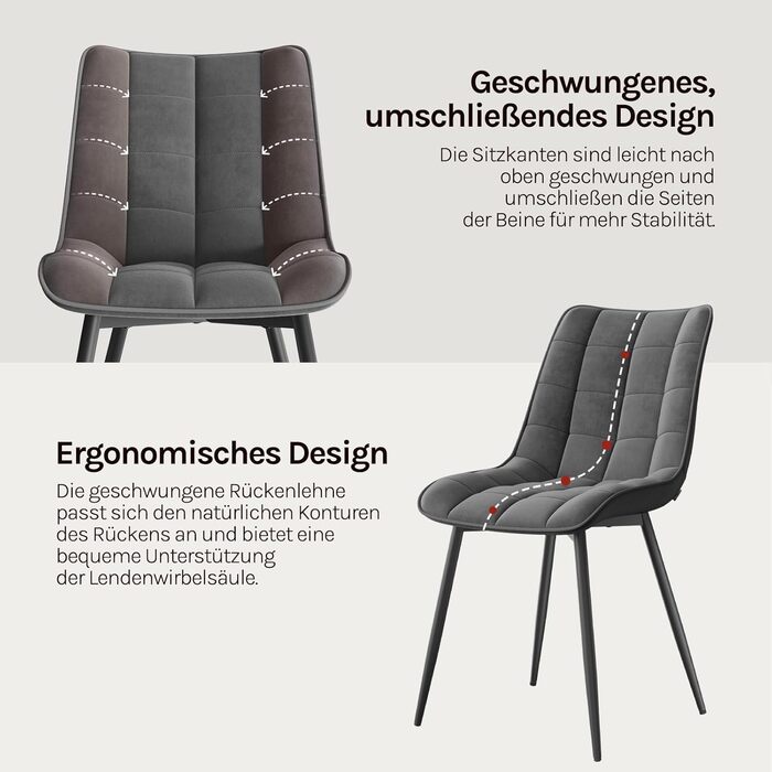 Набір обідніх стільців Woltu 4 шт., для вітальні, кухні, їдальні, м'який з підлокітником, з оксамитовою сидінням, металеві ніжки, до 150 кг, темно-сірий