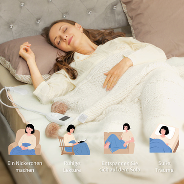 Електрична ковдра з двозонним регулюванням температури 160 x 140 см, яку можна прати в пральній машині, з 5 рівнями нагріву, таймером на 10 годин та захистом від перегріву.