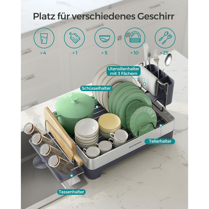 Стійка для сушіння посуду SONGMICS з нержавіючої сталі, з піддоном, для кухні, 31,7 x 57,2 см, срібно-сіра