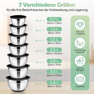 Набір місок HaWare з нержавіючої сталі, 7 шт., з кришкою, для приготування їжі, миття в посудомийній машині, об'єм 6.5/4.5/3/2.5/1.5/1.2/0.7 л (Чорний, силіконове дно)